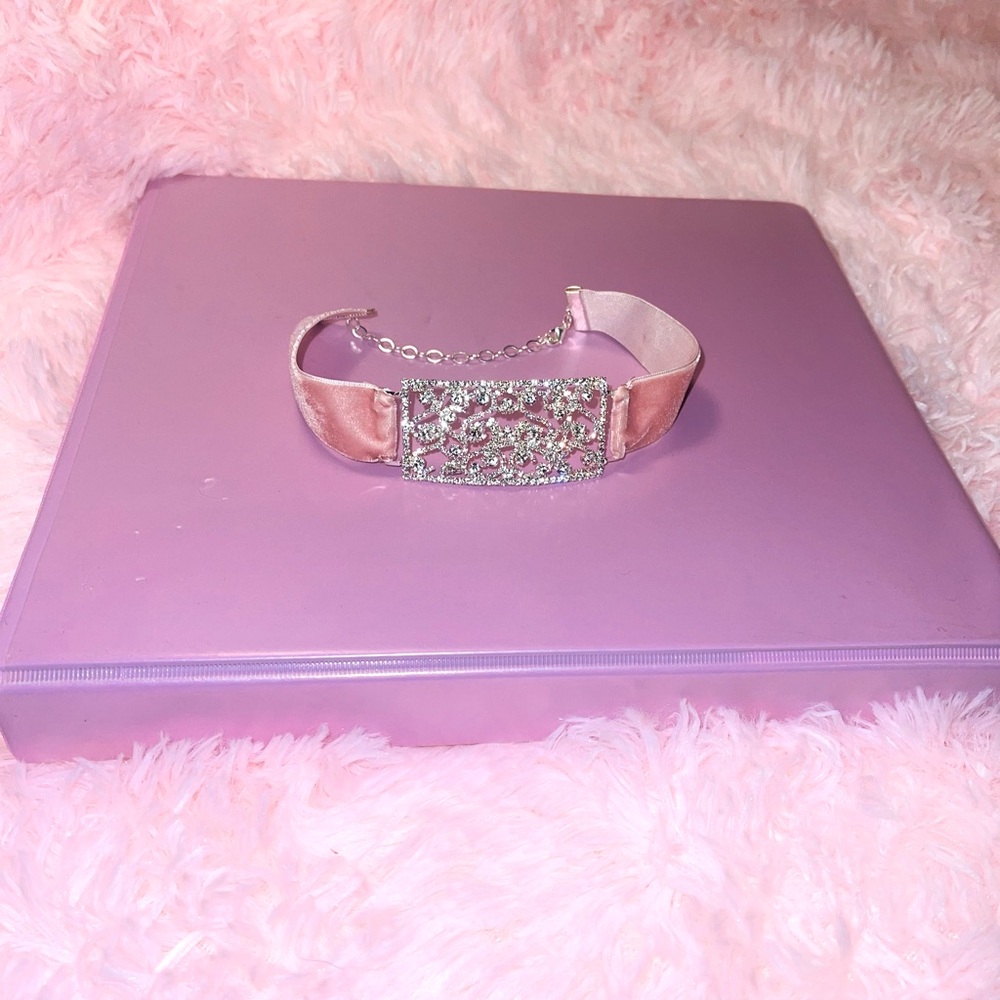 Pink and rhinestone choker necklace